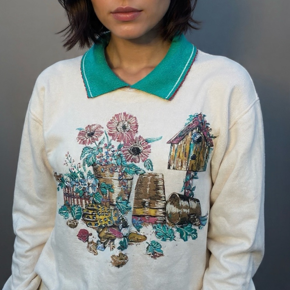 Vintage Gardening Birdhouse Collared Sweatshirt Basic Editions Cottagecore